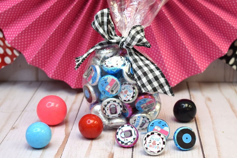 Amanda Creation 50â€™s Sock Hop Birthday Party Kiss 300 Sticker Labels 0.75" Circle for Chocolate Drop Kisses, Kids Party Stationery Set, Fun Retro 1950s Design, Seals & Goodie Bags, Made in USA by Amanda Creation - Image 2